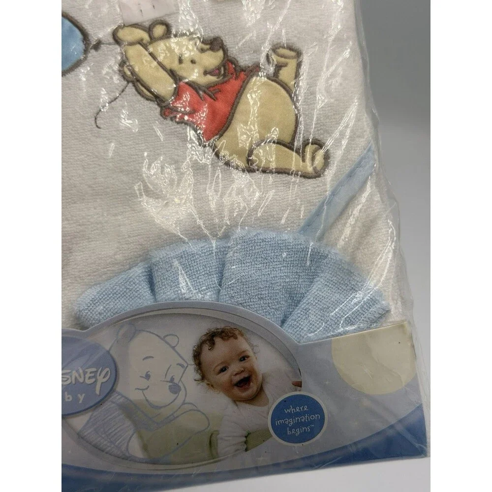 Vintage Winnie the Pooh Disney Baby Hooded Towel Washcloth Set Blue Balloon NIP